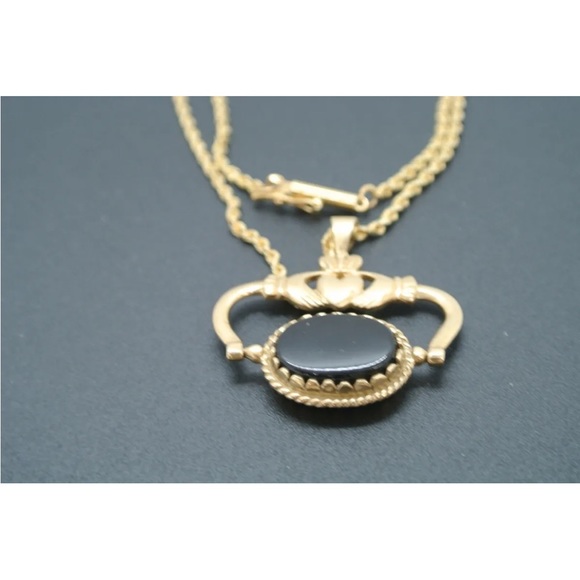 14K YELLOW GOLD GREEN & BLACK ONYX IRISH CLADDAGH PENDANT w/ 14K Gold ROPE CHAIN - Picture 10 of 11